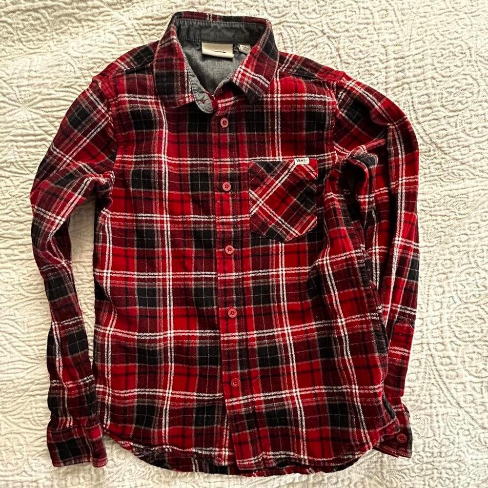 Red and black plaid button flannel